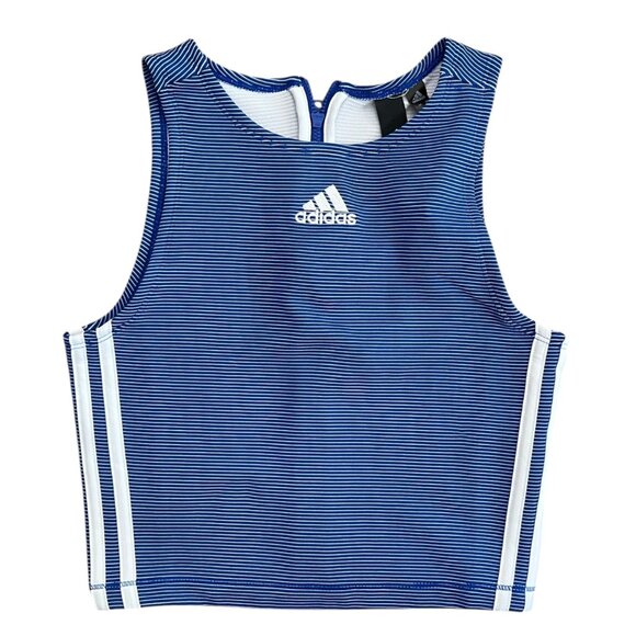 Adidas Womens Stripe Crop tank Top Blue‎ Small NWT Blokecore Sporty Tomboy Femme - Picture 1 of 8